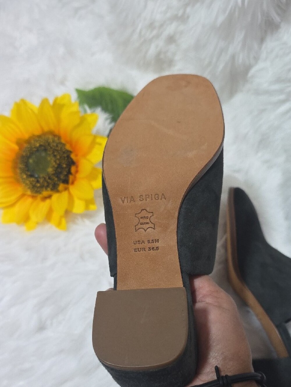 Via Spiga Dark Gray Suede Block Heel Mules - Picture 6 of 9